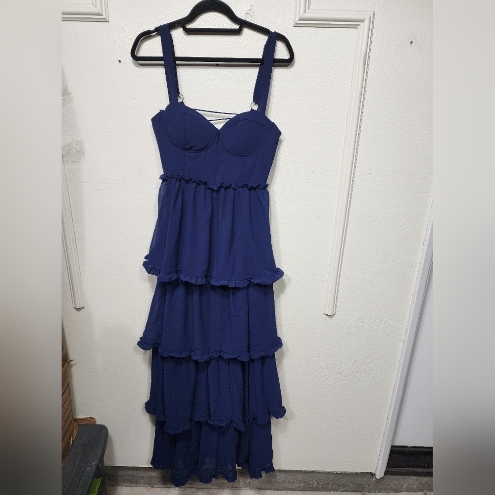 Lulus Sophisticated Occasion Navy Blue Bustier Lace-Up Maxi Dress Wedding - Picture 7 of 10